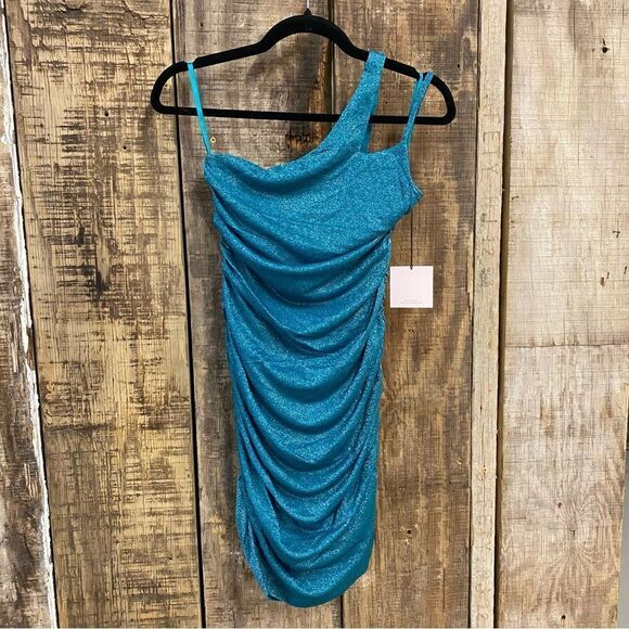 NWT Superdown Jayden Mini Dress in Blue metallic micro knit ruched Revolve M - Picture 10 of 10